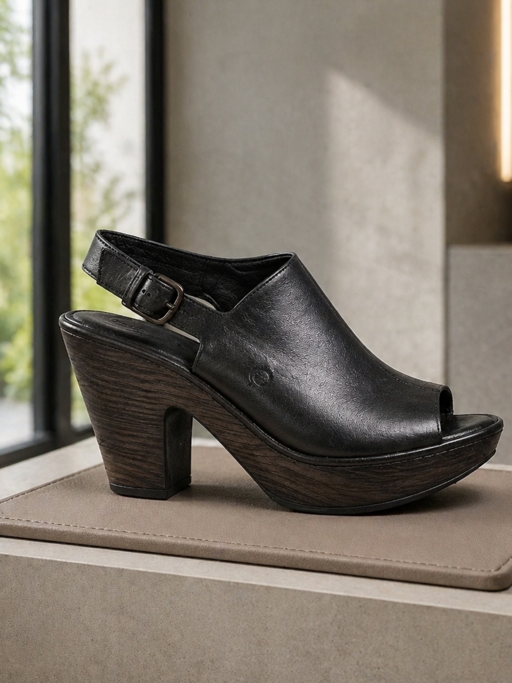Born Black Leather Peep-Toe Slingback Heel